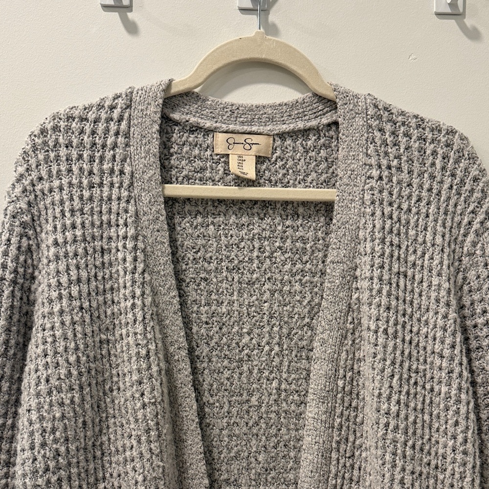 Gray Waffle Knit Cardigan Sweater